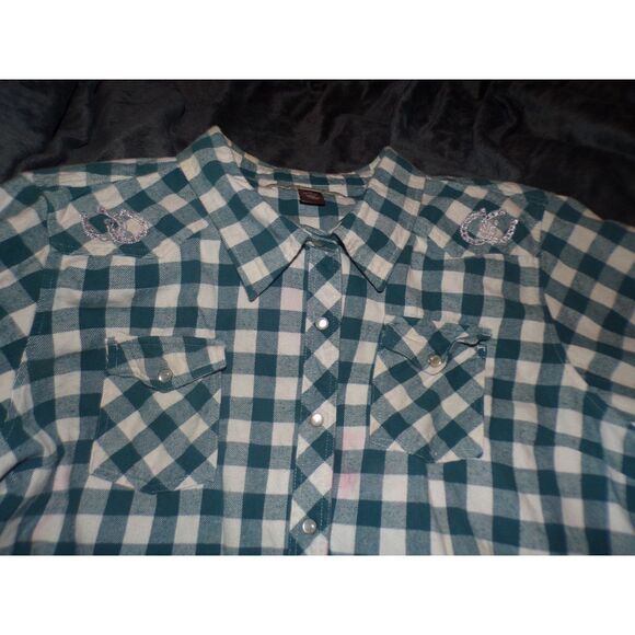 Bit & Bridle Shirt Green Plaid flannel Size 3x Horseshoe design pearl buttons - Picture 2 of 3
